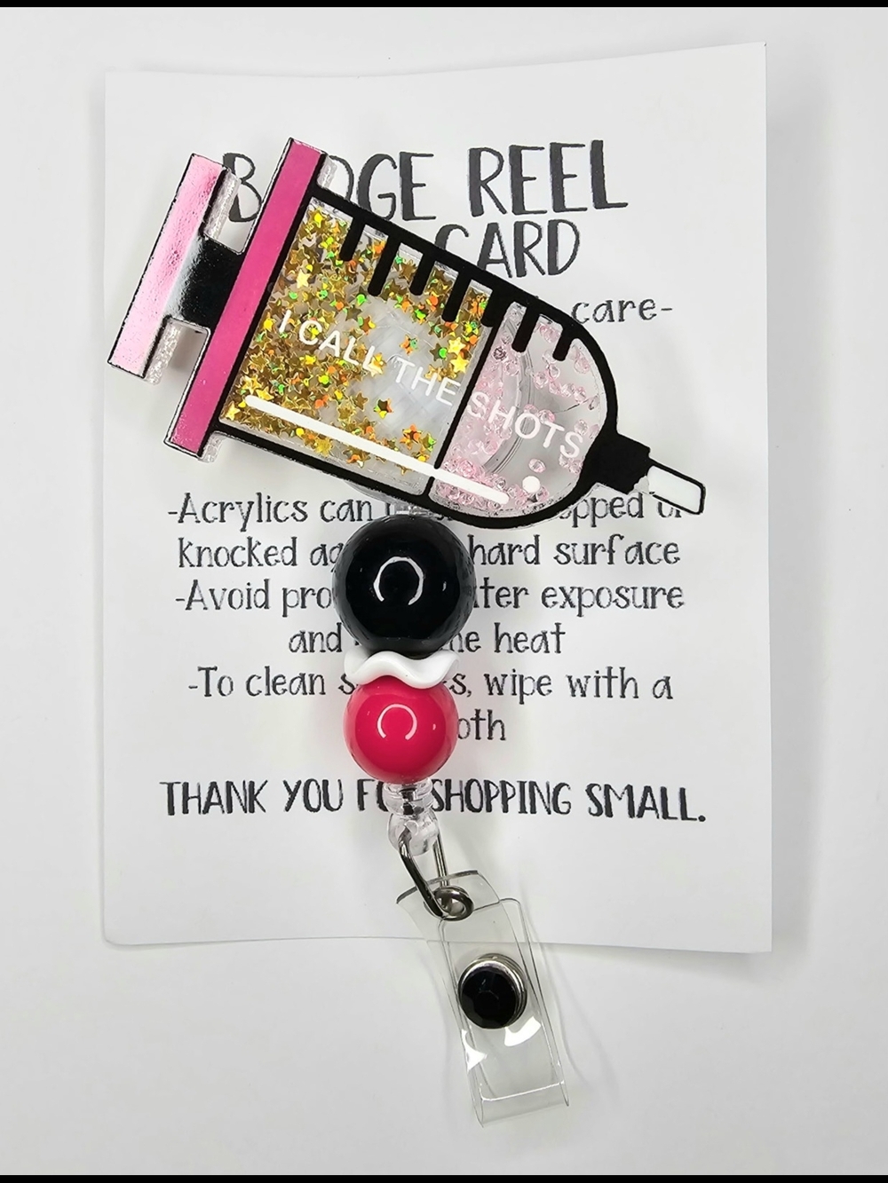 Syringe Glitter Badge Reel - Pink, Gold, Black